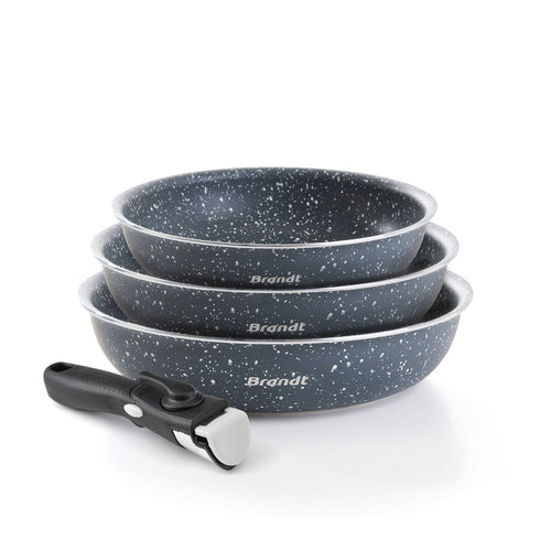 Set de 3 poêles avec poignée amovible - aluminium - marbre gris