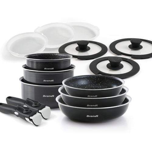 Batterie de cuisine empilable avec poignée amovible, 14 pièces