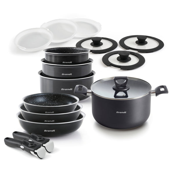 Stackable cookware set with removable handle 16 pieces - aluminum - Black