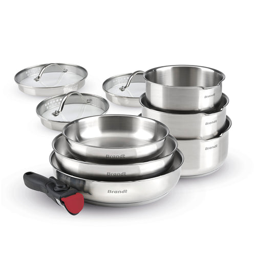 Set de 3 casseroles en inox + 3 poêles + 1 poignée amovible + 3 couvercles passoires avec manche en inox - Argenté / Noir / Rouge