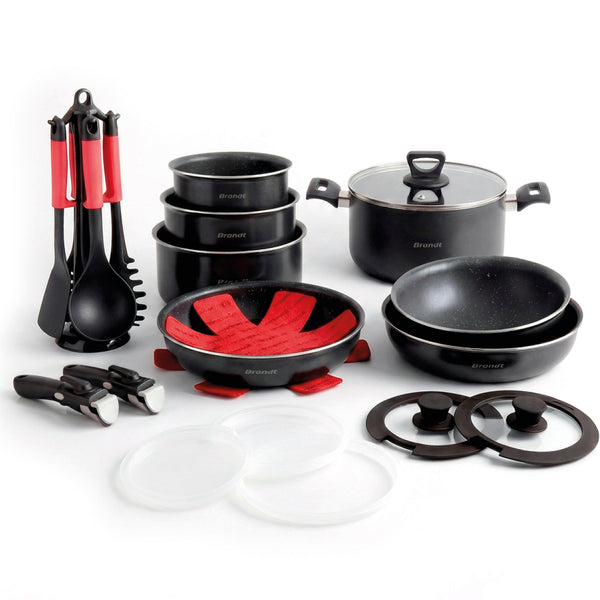 Batterie de cuisine empilable 26 pièces avec poignées amovibles – Noir