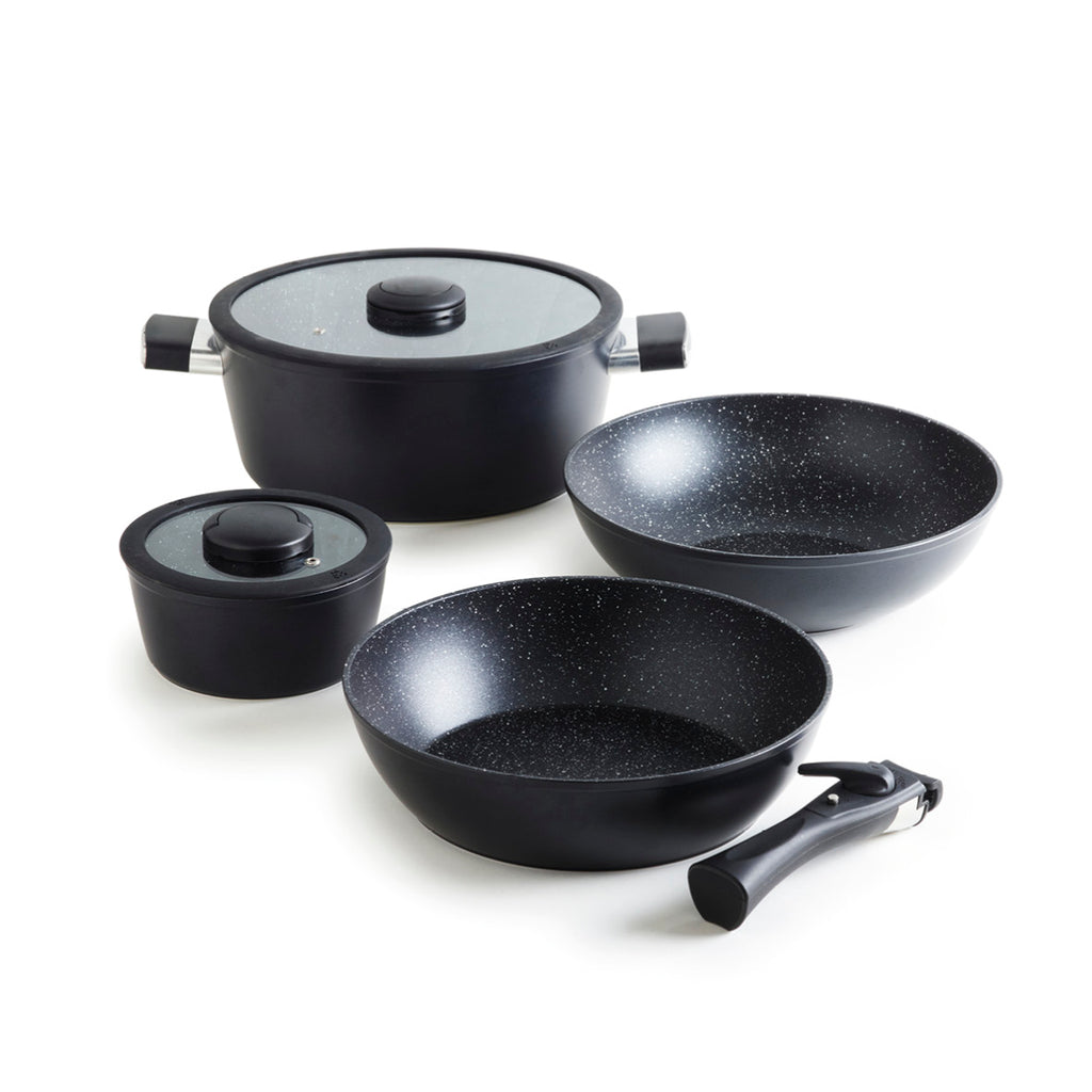 Stackable cookware set in aluminium with removable handle 7 pieces - Black