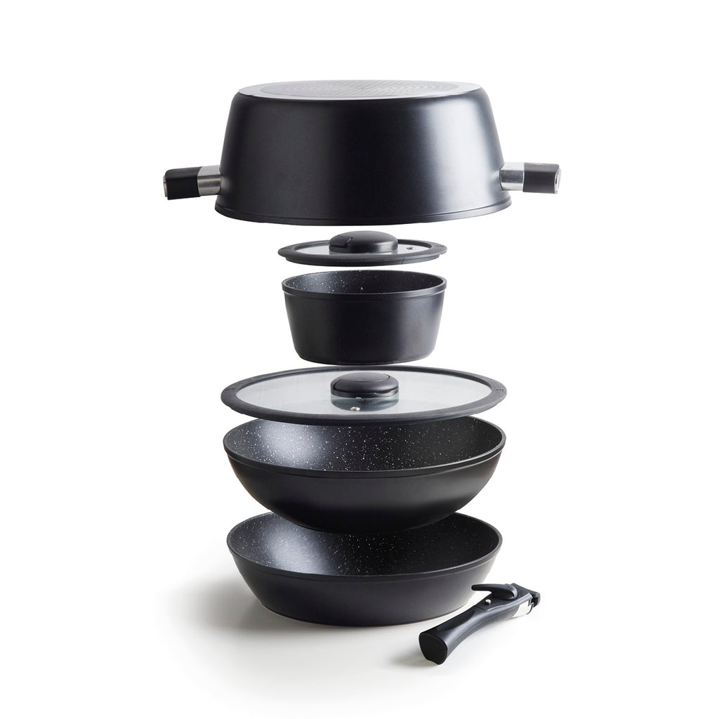 Stackable cookware set in aluminium with removable handle 7 pieces - Black