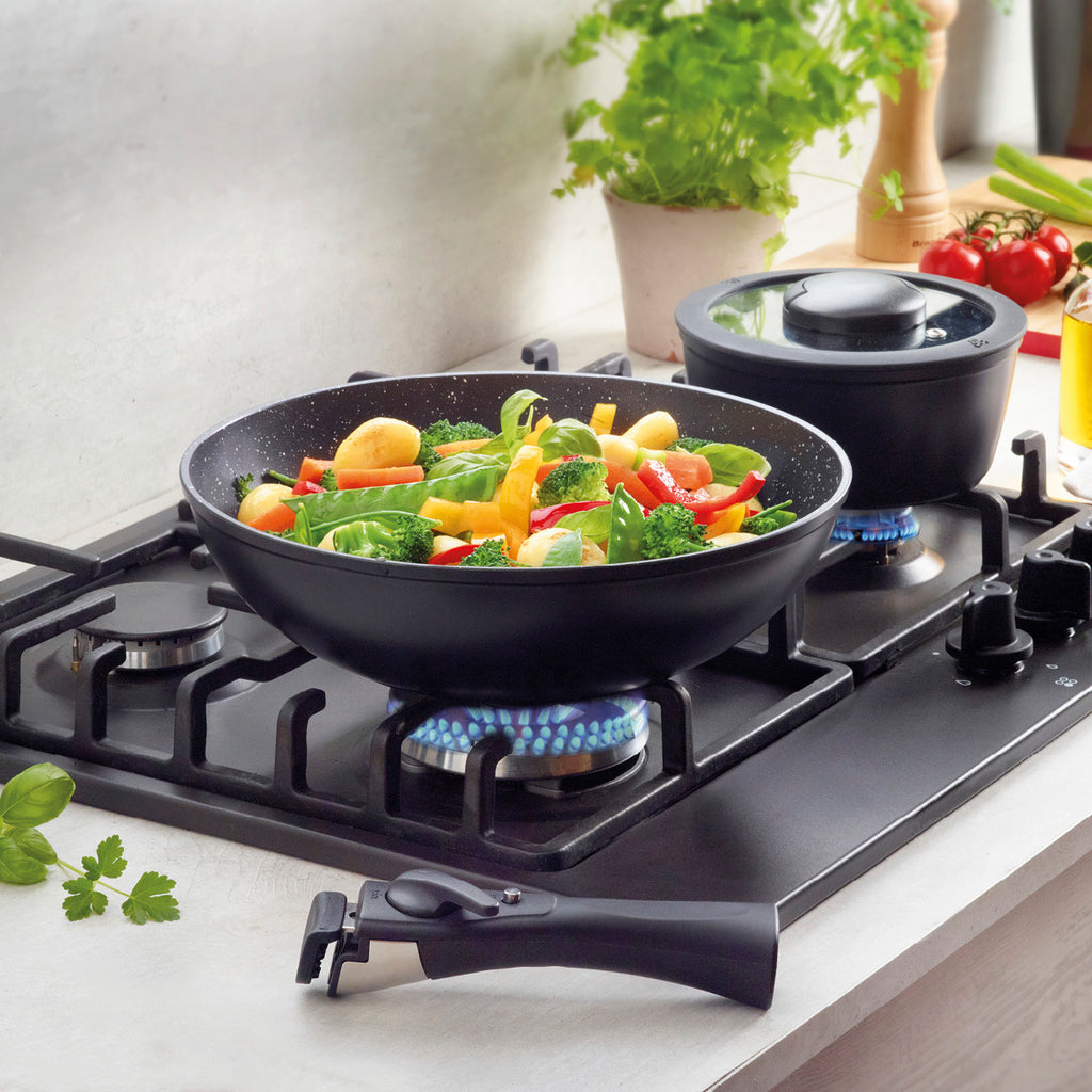 Stackable cookware set in aluminium with removable handle 7 pieces - Black