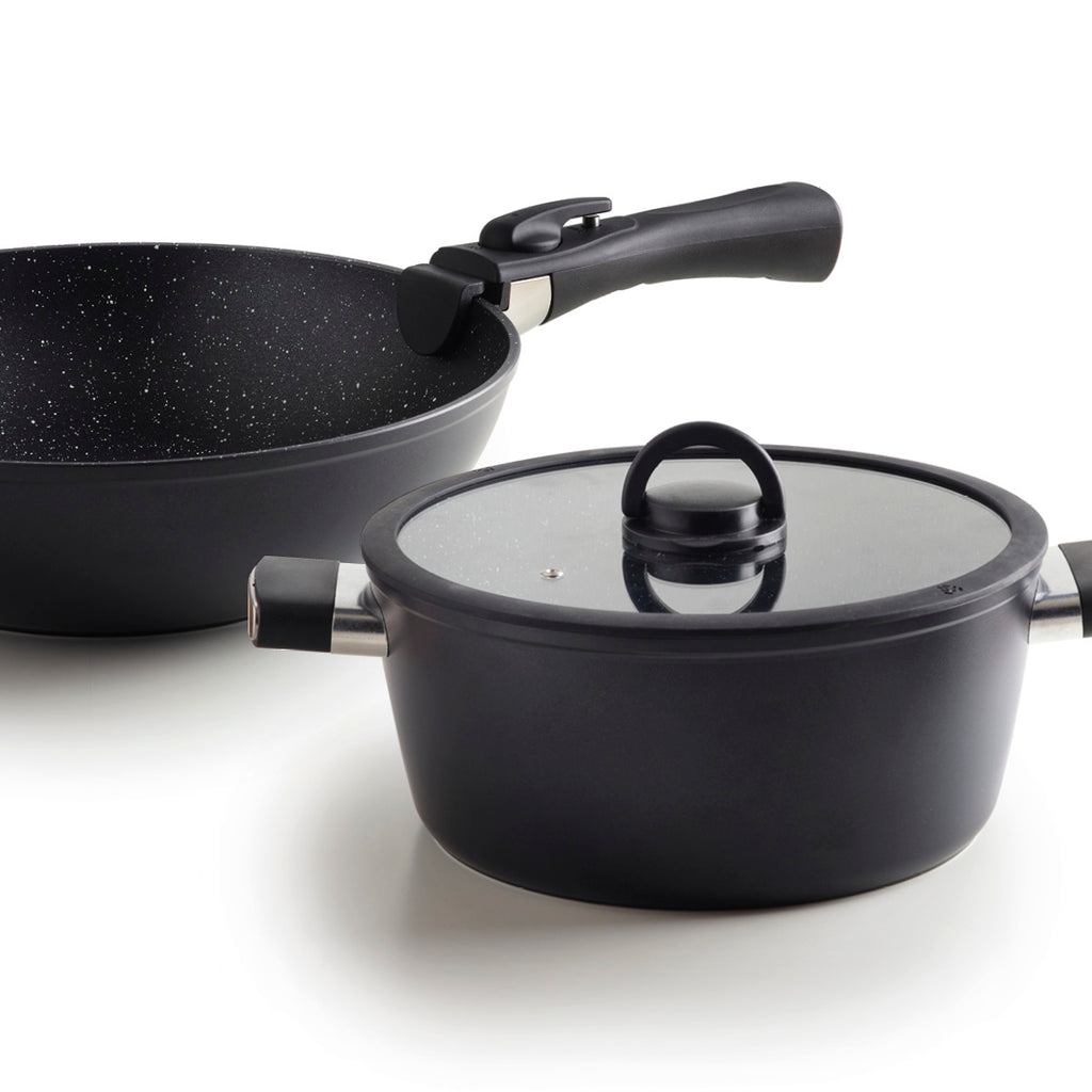 Stackable cookware set in aluminium with removable handle 7 pieces - Black