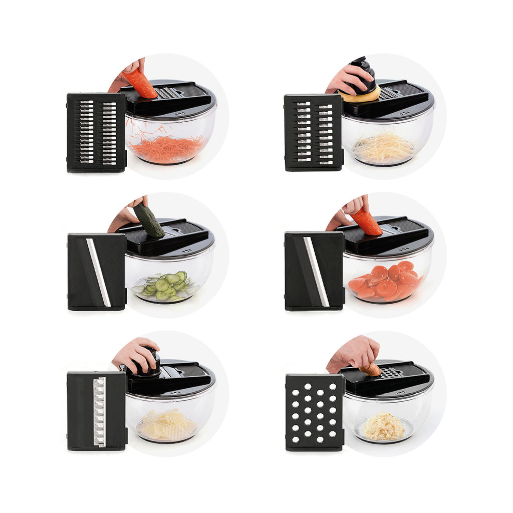 Salad spinner + 6 exchangeable blades for grating and slicing - Transparent / Black