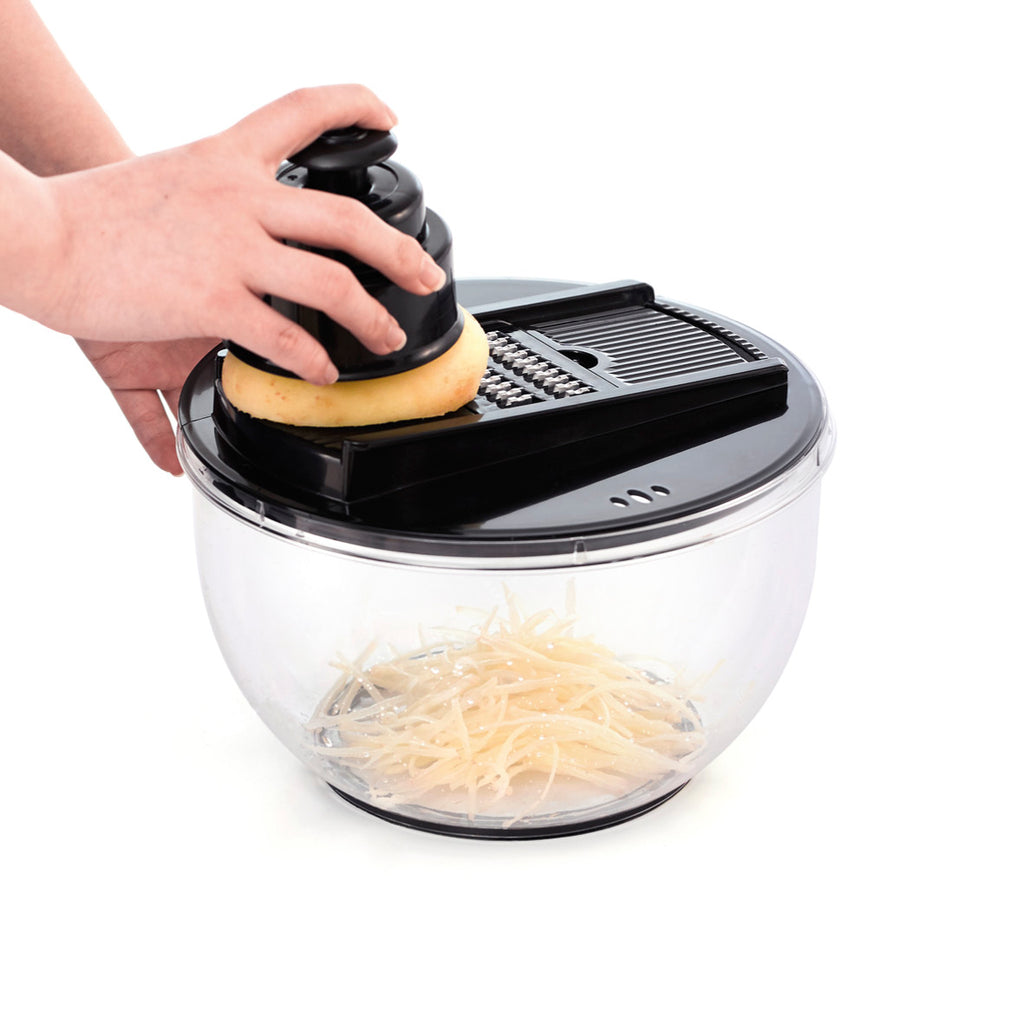 Salad spinner + 6 exchangeable blades for grating and slicing - Transparent / Black