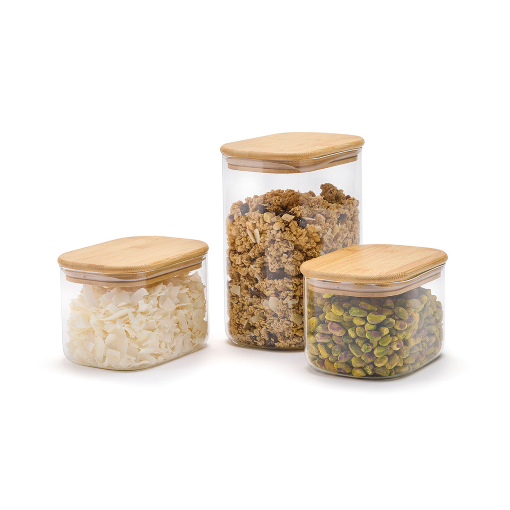 Set of 3 rectangle glass canister with bamboo lid - Transparent / Bamboo