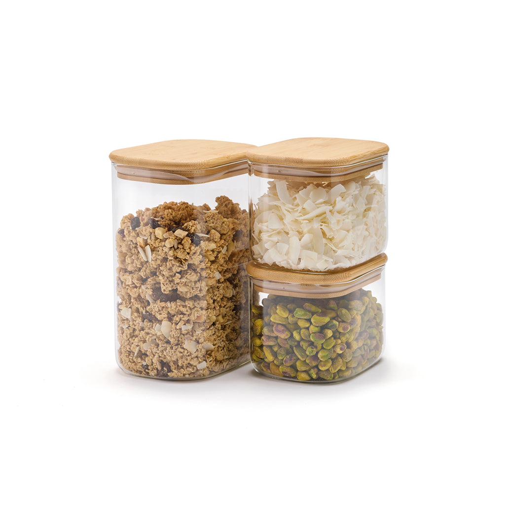 Set of 3 rectangle glass canister with bamboo lid - Transparent / Bamboo
