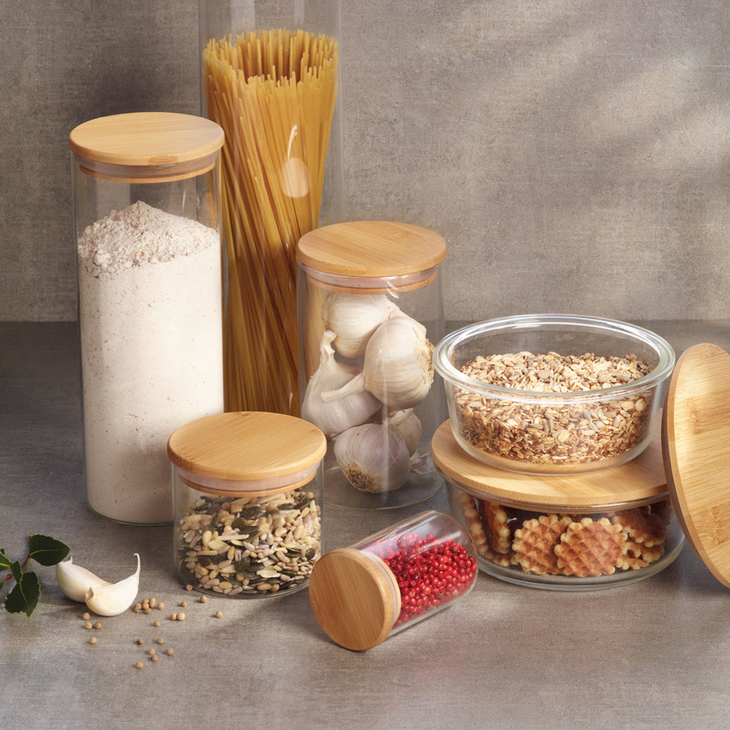 Set of 3 rectangle glass canister with bamboo lid - Transparent / Bamboo