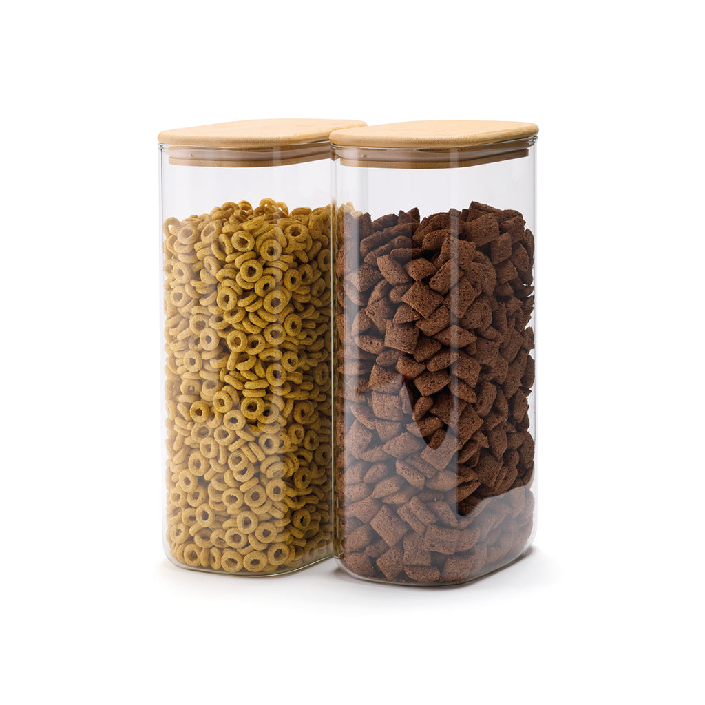 Set of 2 rectangle glass canister with bamboo lid - Transparent / Bamboo