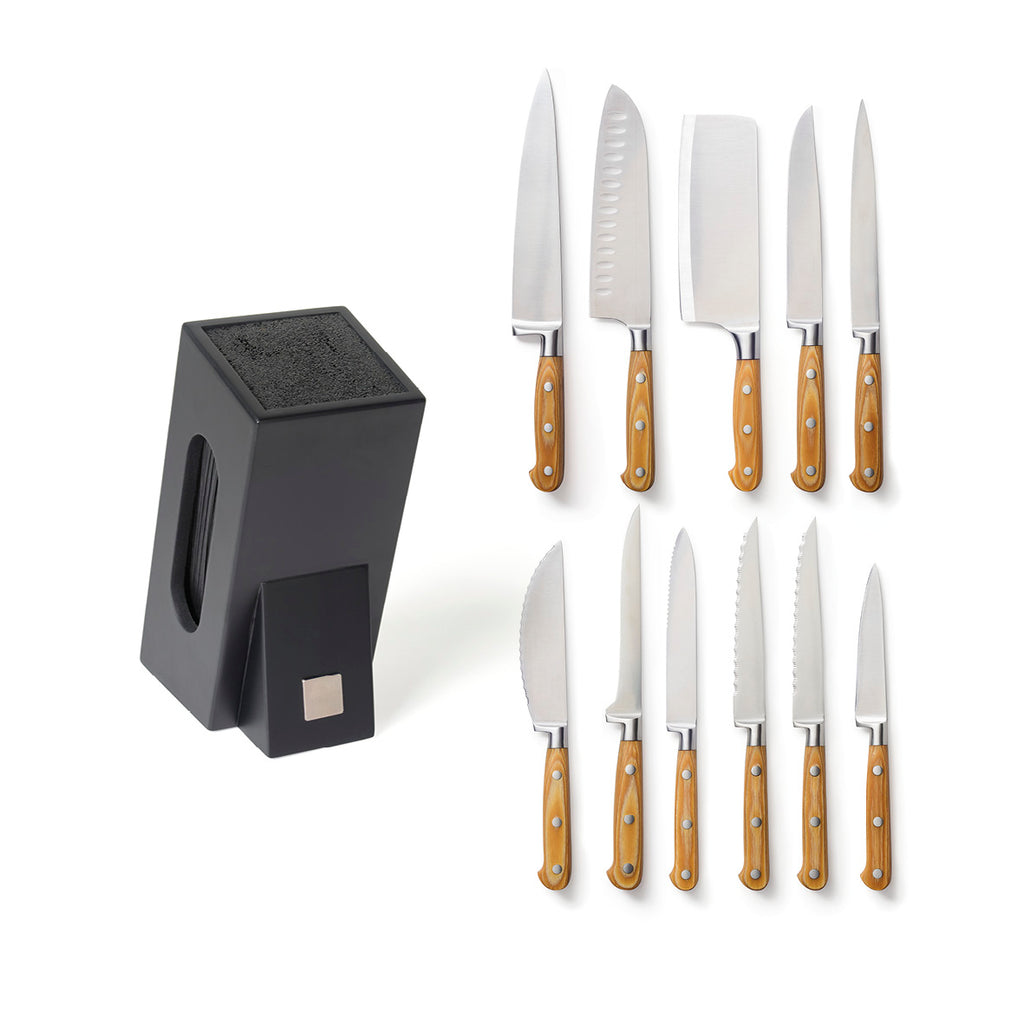 Set with knife block and 11 stainless steel knives : paring knife, 2 steak knives, vegetable knife, boning knife, carving knife, fish/meat filleting knife, santoku knife, cleaver, chef knife, pizza knife