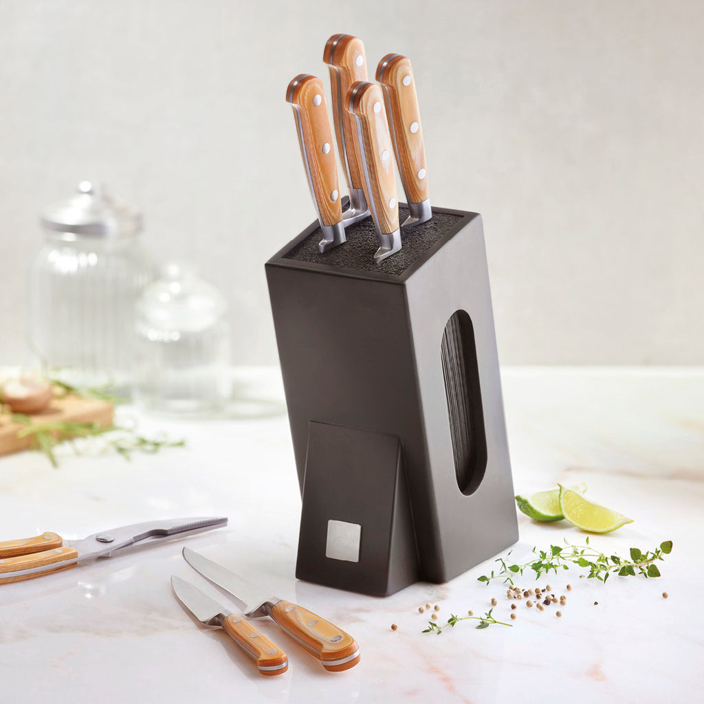 Set with knife block and 11 stainless steel knives : paring knife, 2 steak knives, vegetable knife, boning knife, carving knife, fish/meat filleting knife, santoku knife, cleaver, chef knife, pizza knife