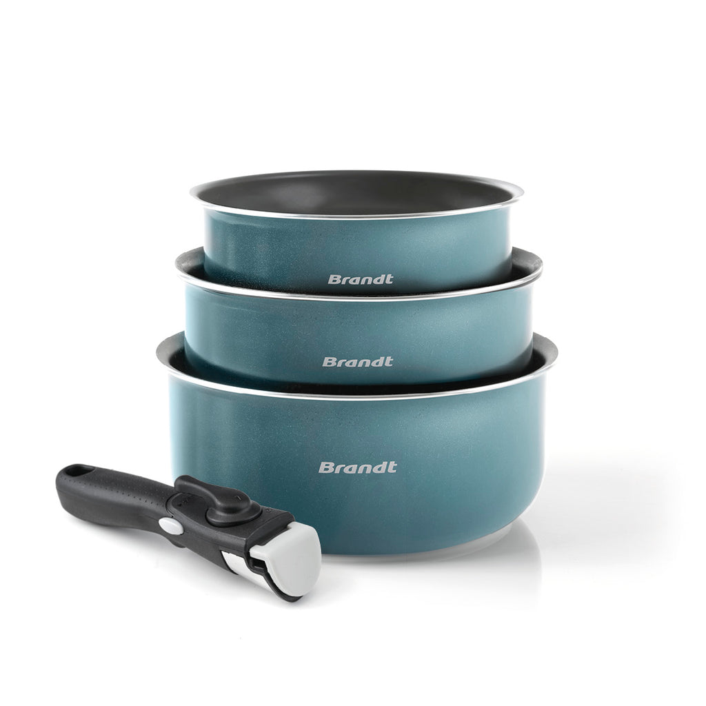 Set of 3 sauce pans with removable handle Blue