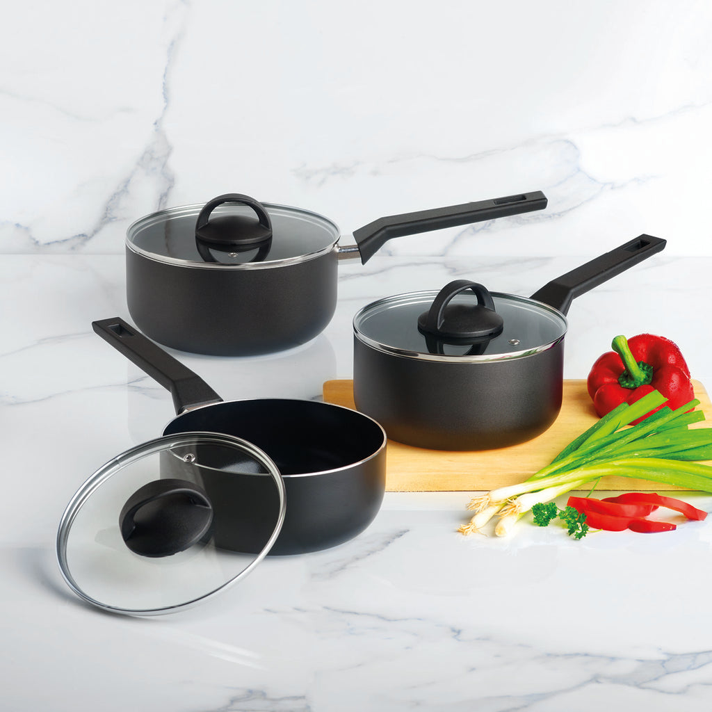 Set of 3 pots with lid Carbone Pro - ultra resistant and non-stick - aluminum - Black