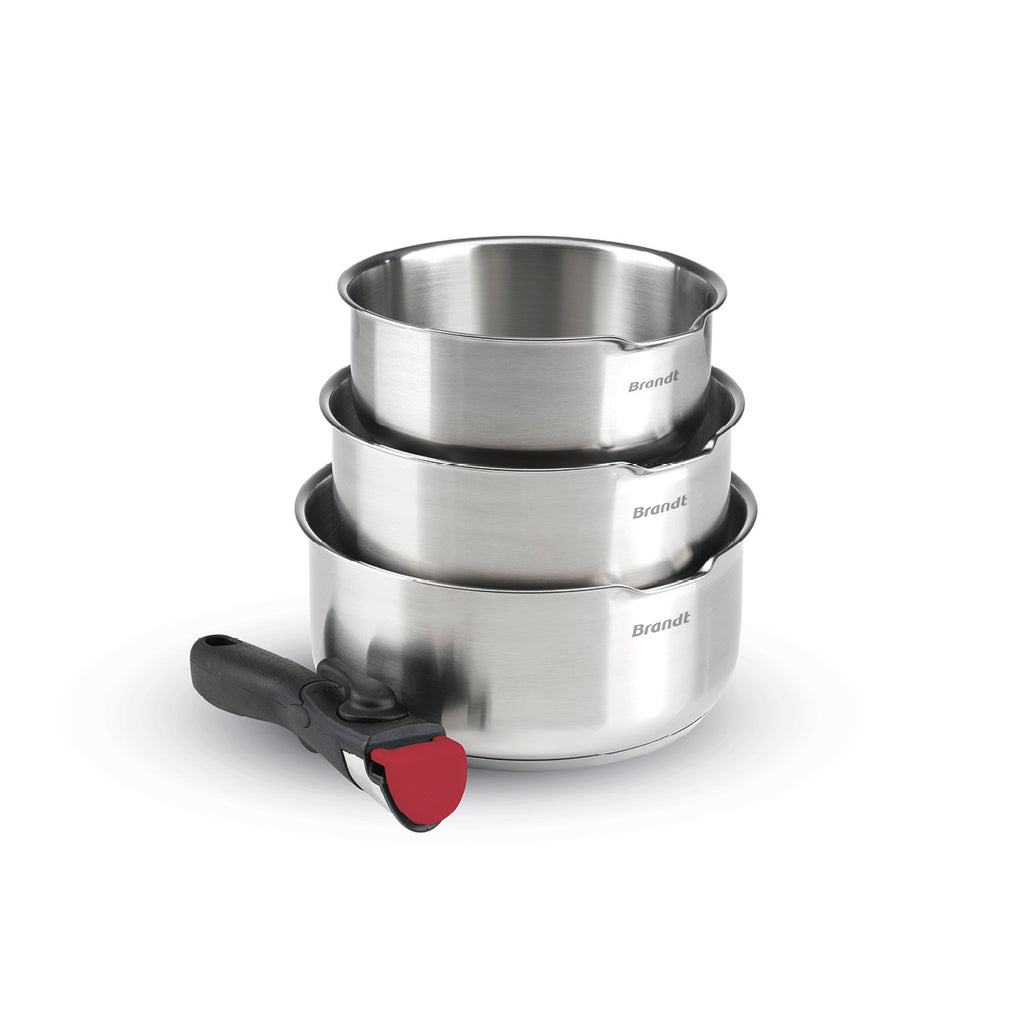 Set of 3 stainless steel sauce pans with removable handle - Silver