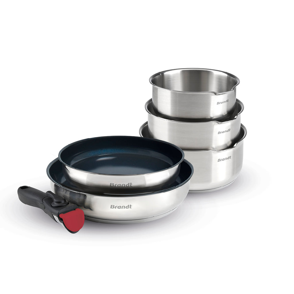 Set of 3 stainless steel sauce pans + 2 frypans + removable handle - Silver