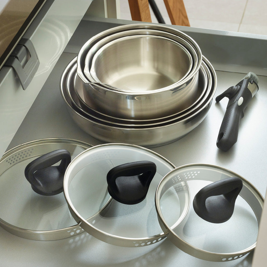 Set of 3 stainless steel sauce pans + 2 frypans + removable handle - Silver