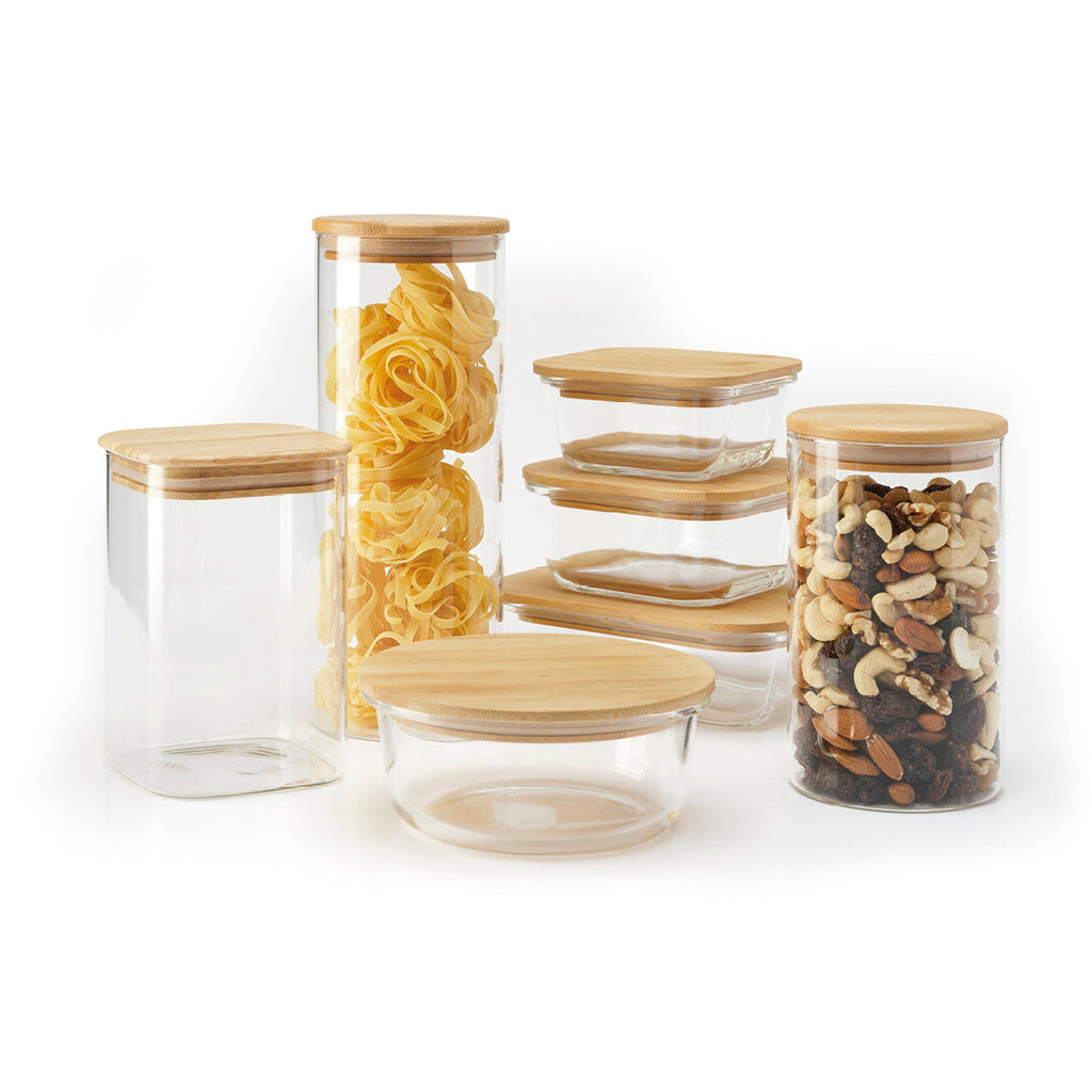 Set of 7 glass jars with bamboo lid - transparent and bamboo