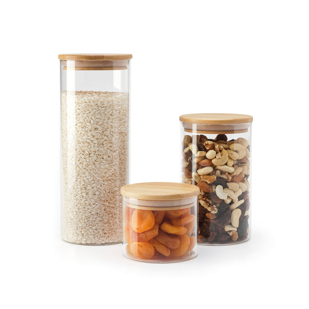 Set of 7 glass jars with bamboo lid - transparent and bamboo