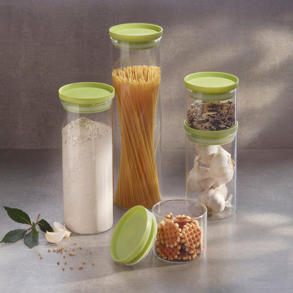 Set of 3 glass jars with plastic lid - transparent and green - 0.5l + 1L + 1.5L