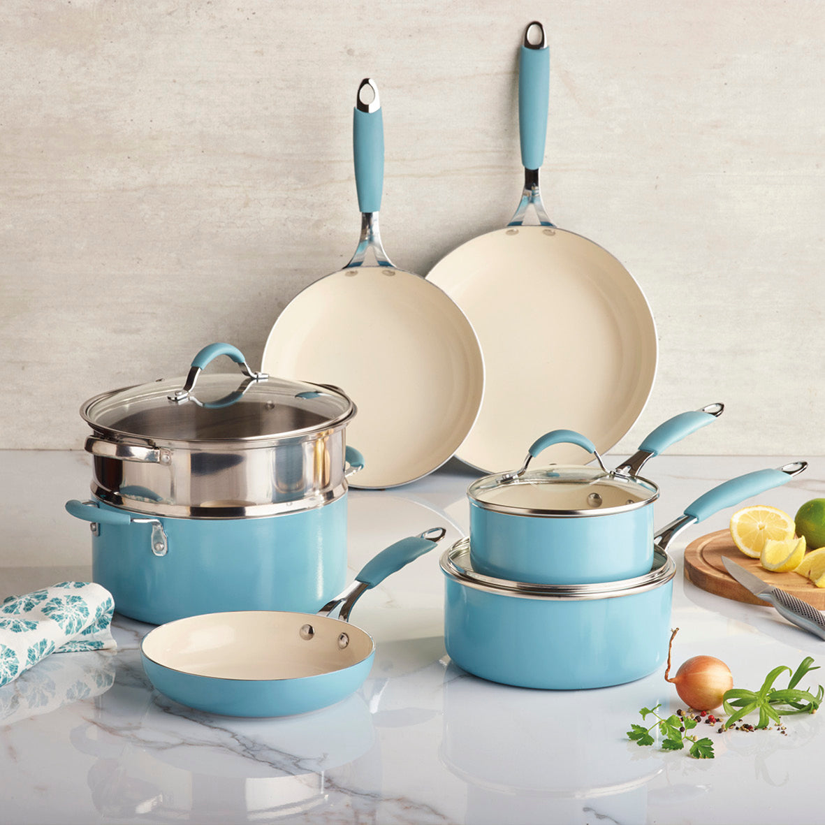 Batterie De Cuisine 5 Pièces Cermalon Bleu Sarcelle Mat - Poêles Anti-Adhésives Céramique Induction Et Tous Feux