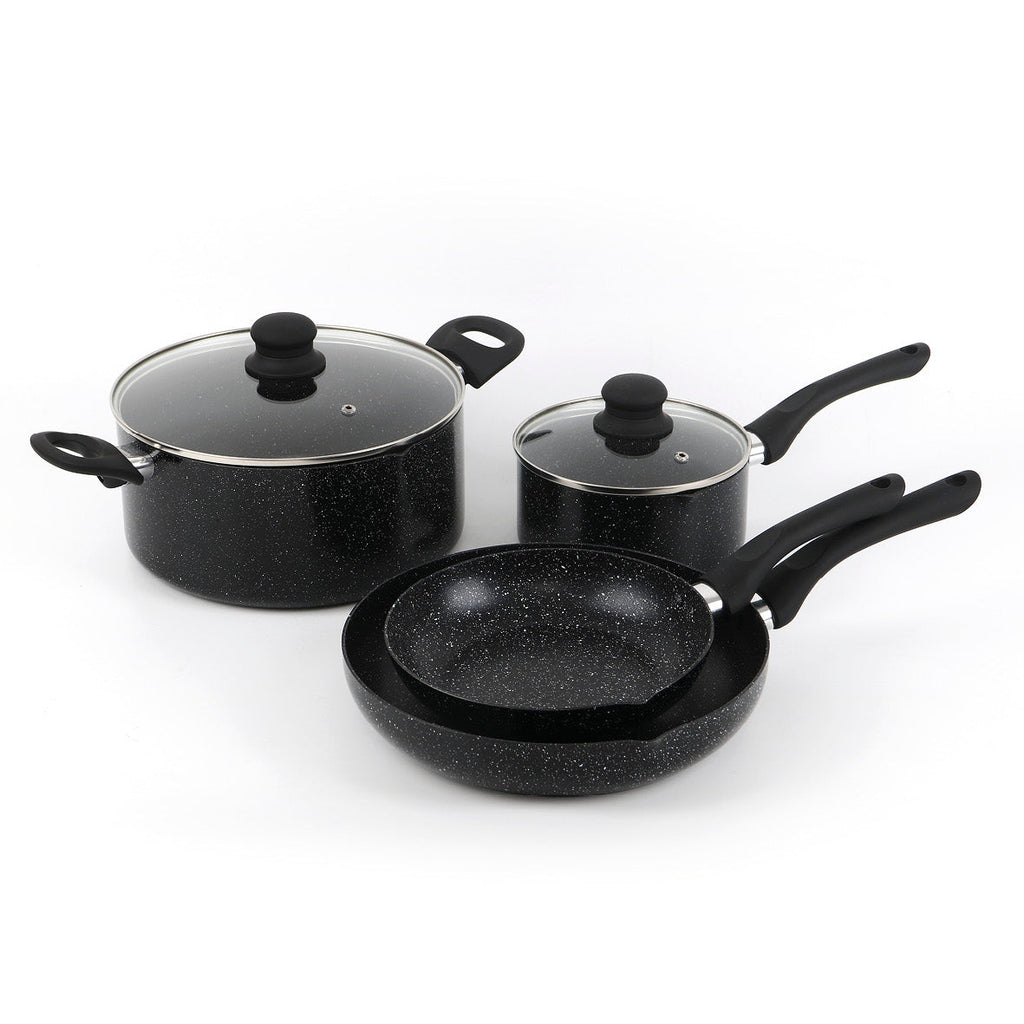 Set of 2 fry pans 22/26 cm + 1 sauce pan with lid 16 cm + 1 casserole 24 cm in aluminium granite - Black marble