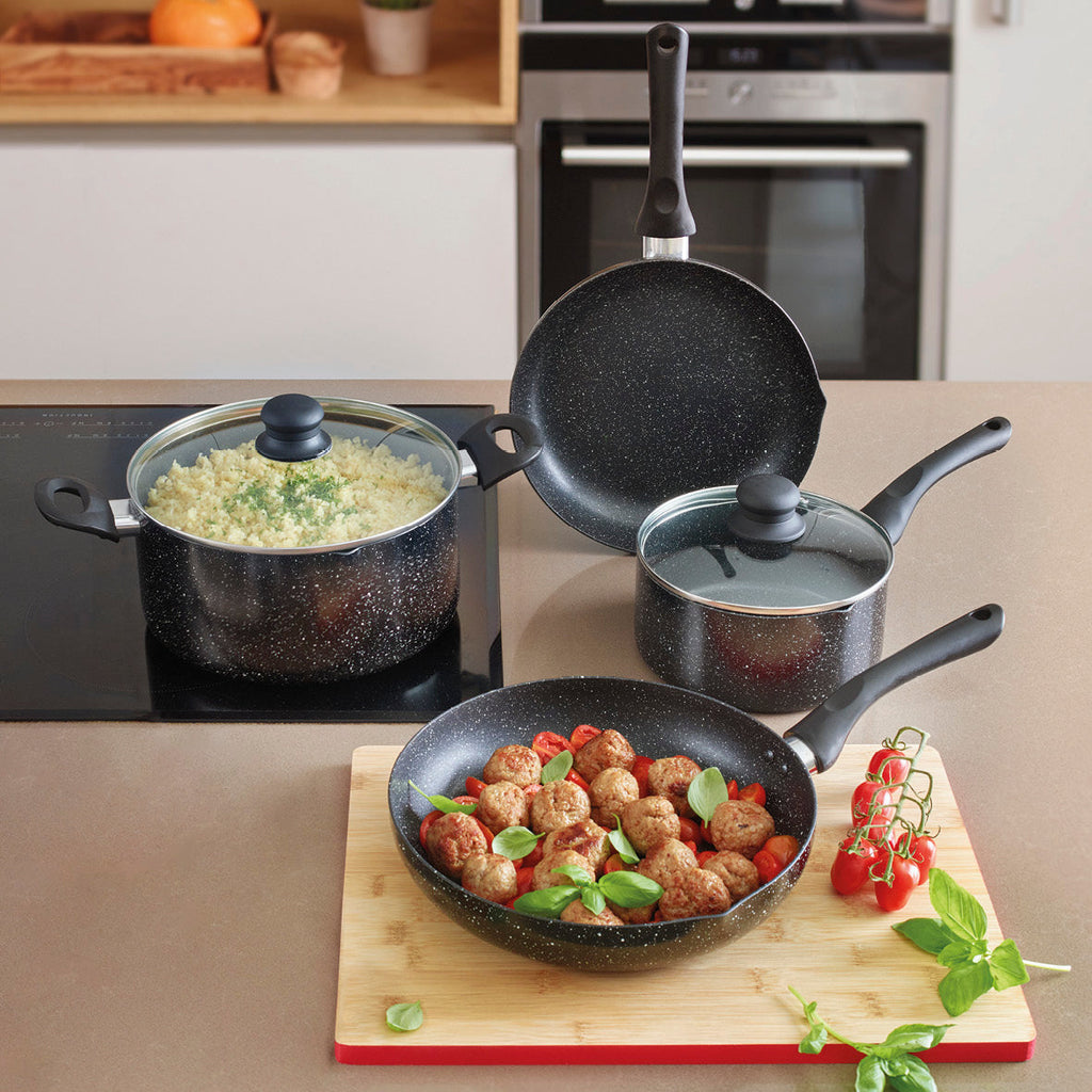 Set of 2 fry pans 22/26 cm + 1 sauce pan with lid 16 cm + 1 casserole 24 cm in aluminium granite - Black marble