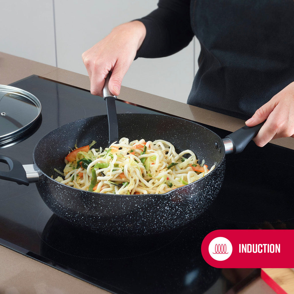 Set of 2 fry pans 22/26 cm + 1 sauce pan with lid 16 cm + 1 casserole 24 cm in aluminium granite - Black marble