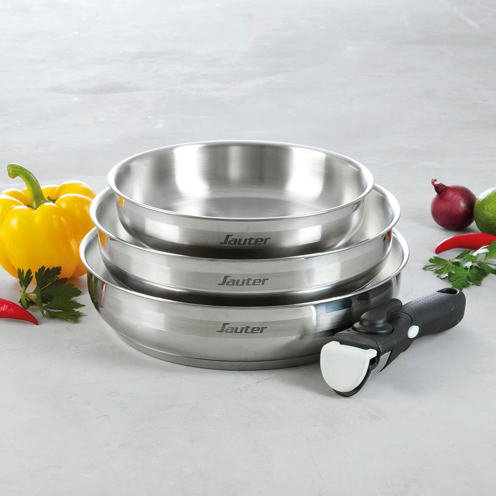 Set of 3 stainless steel frypans with removable handle - Silver