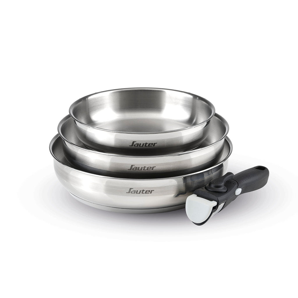 Set of 3 stainless steel frypans with removable handle - Silver