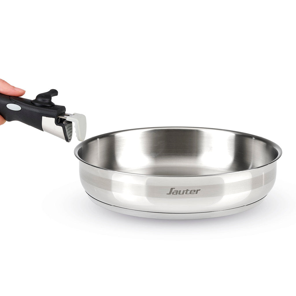 Set of 3 stainless steel frypans with removable handle - Silver