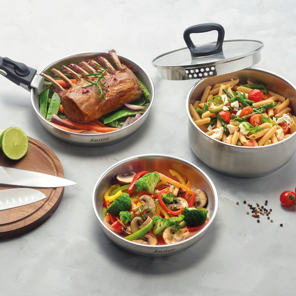 Set of 3 stainless steel frypans with removable handle - Silver
