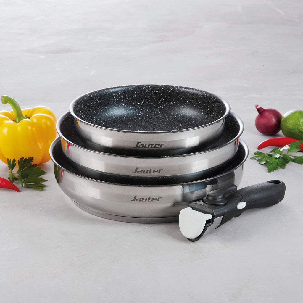 Set of 3 stainless steel frypans with non-stick coating with removable handle - Silver / black
