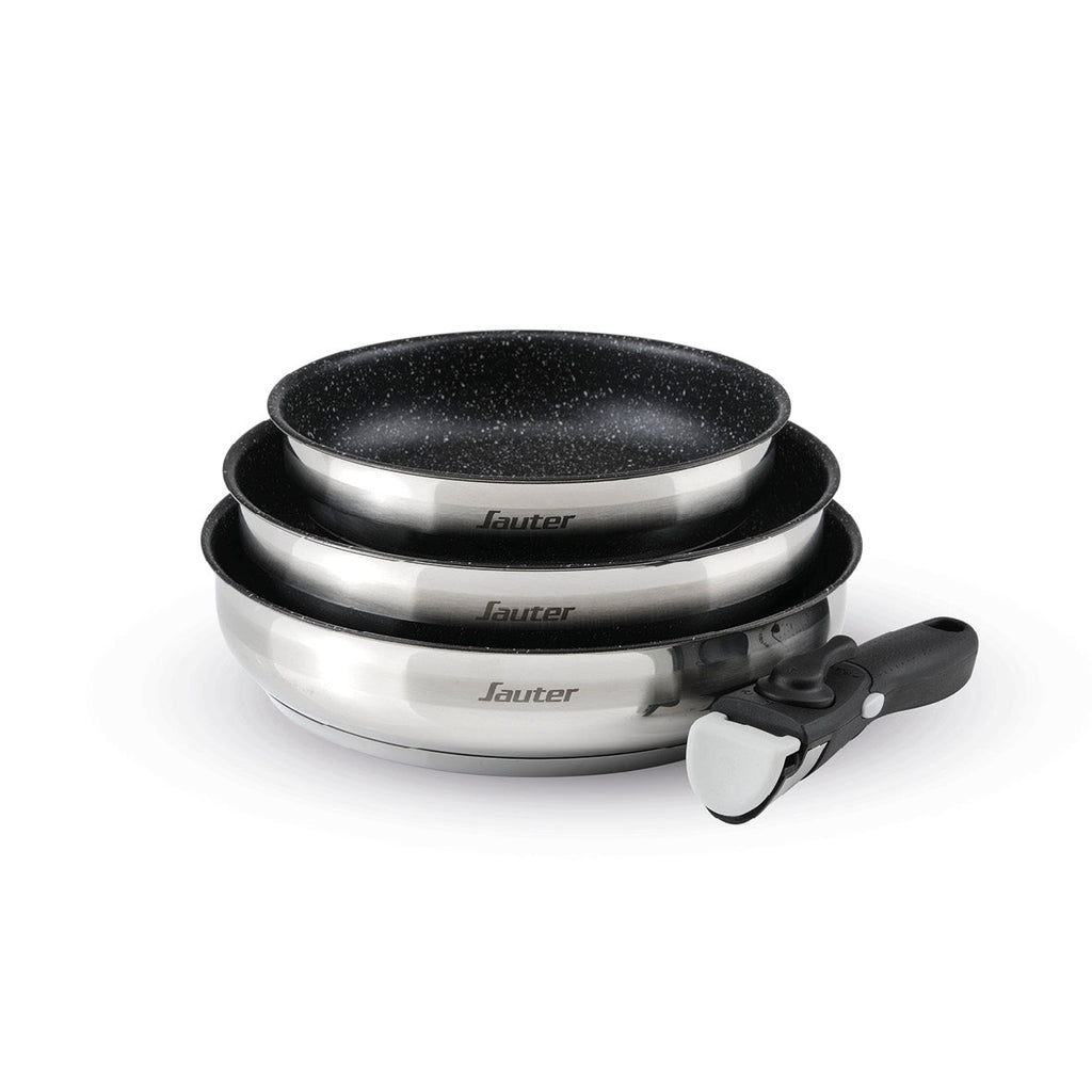 Set of 3 stainless steel frypans with non-stick coating with removable handle - Silver / black