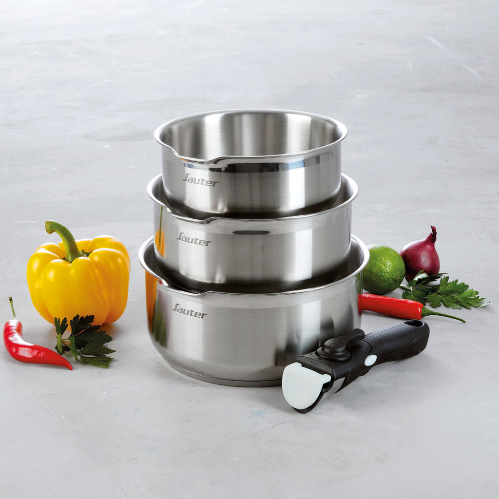Set of 3 stainless steel sauce pans with removable handle - Silver