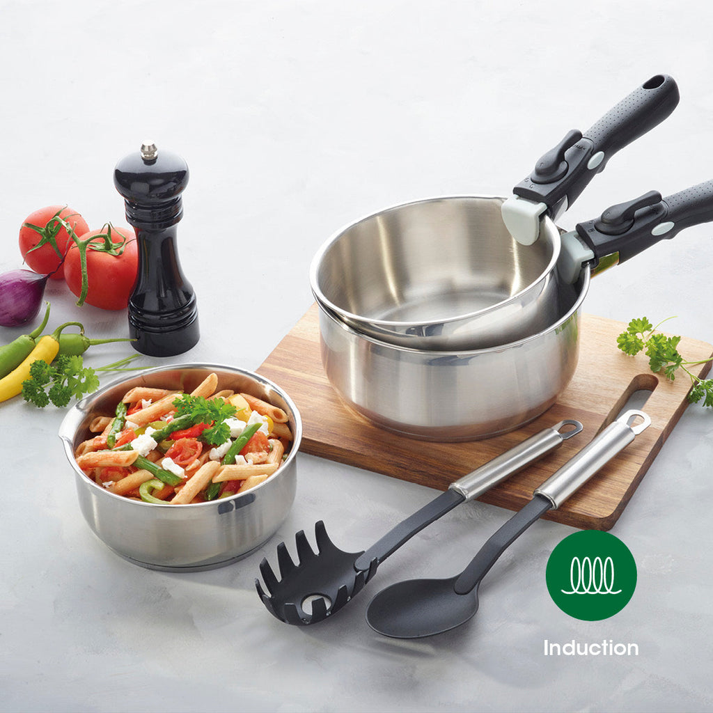 Set of 3 stainless steel sauce pans with removable handle - Silver
