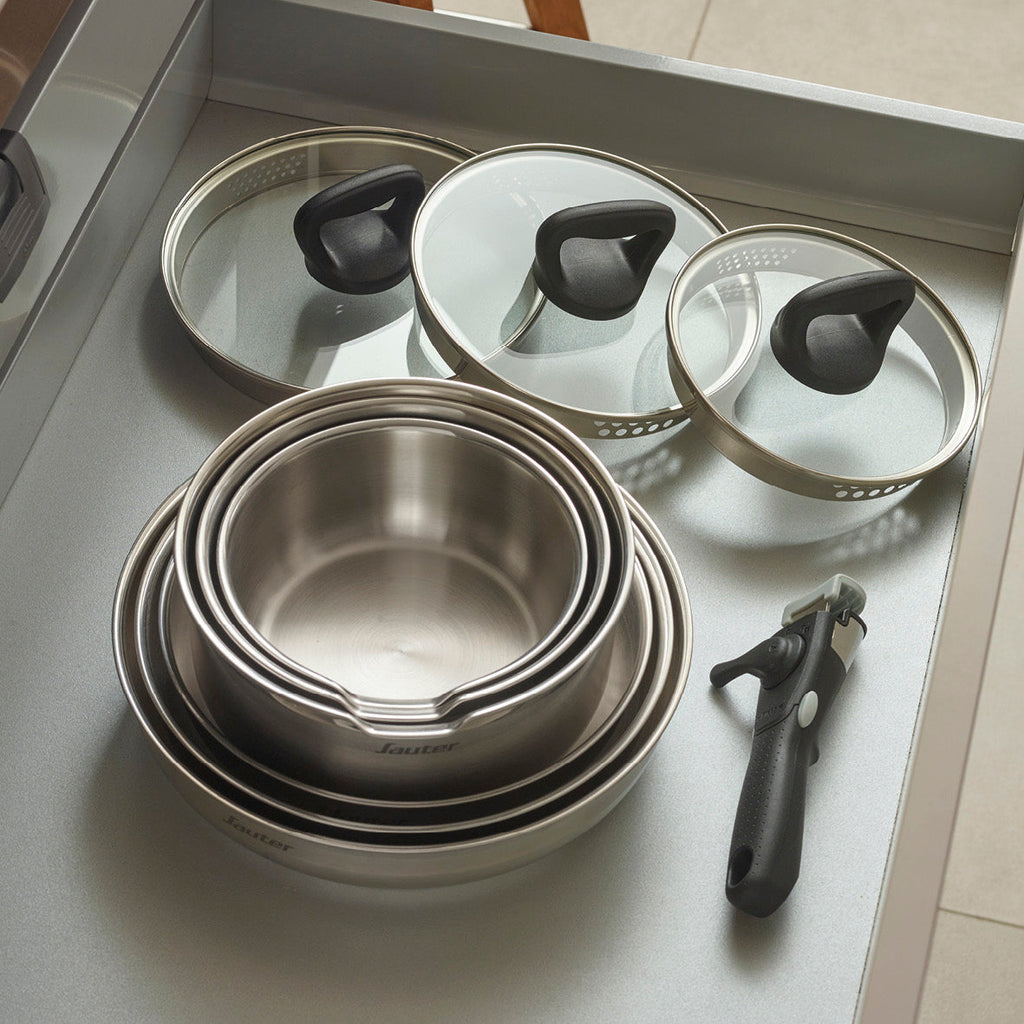 Set of 3 stainless steel sauce pans with removable handle - Silver
