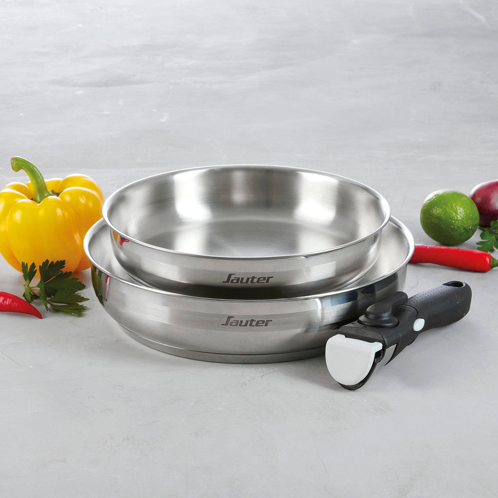 Set of 2 stainless steel frypans with removable handle - Silver