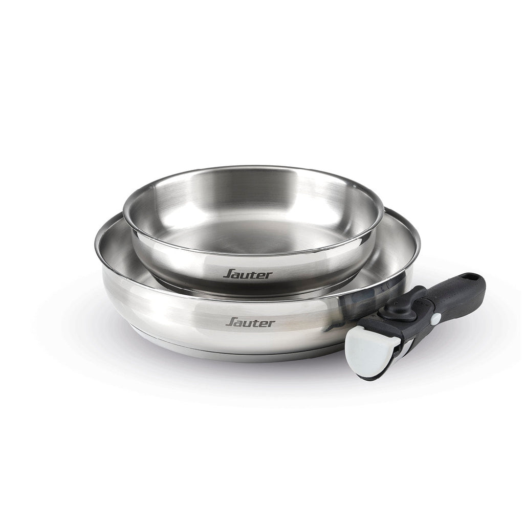 Set of 2 stainless steel frypans with removable handle - Silver