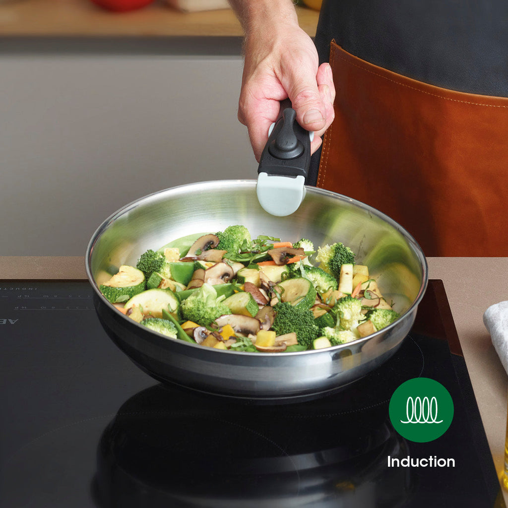 Set of 2 stainless steel frypans with removable handle - Silver