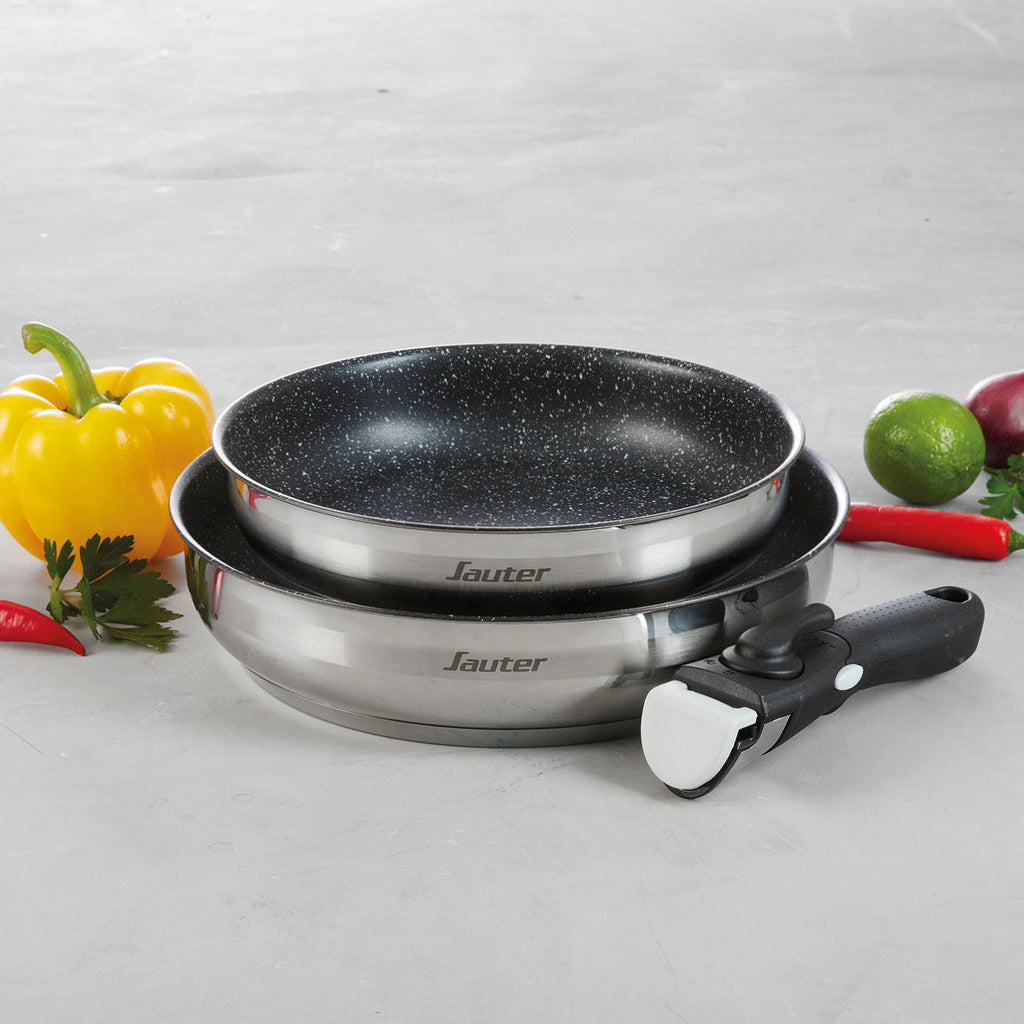Set of 2 stainless steel frypans with non-stick coating with removable handle - Silver / black