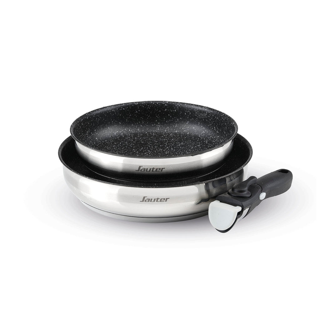 Set of 2 stainless steel frypans with non-stick coating with removable handle - Silver / black