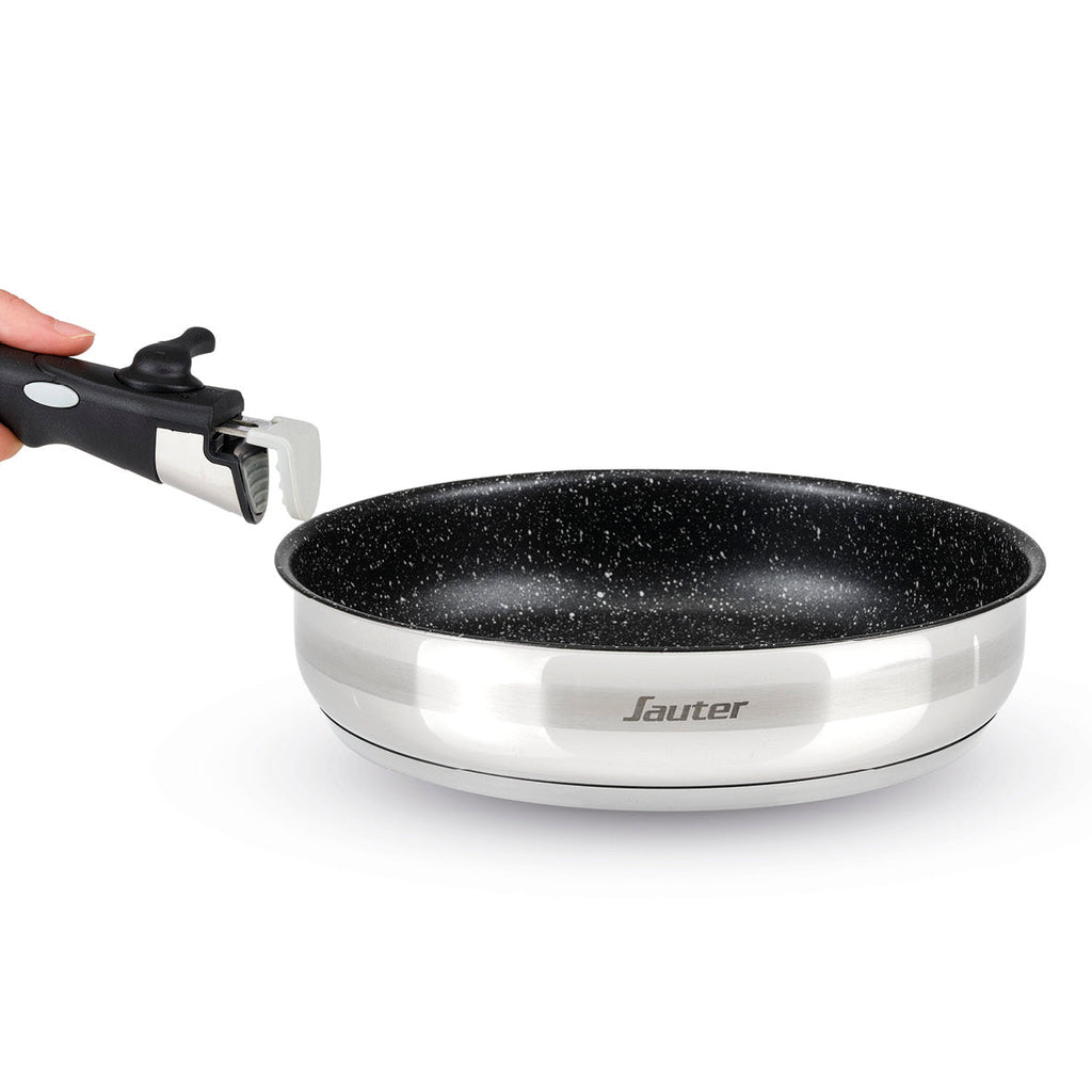 Set of 2 stainless steel frypans with non-stick coating with removable handle - Silver / black