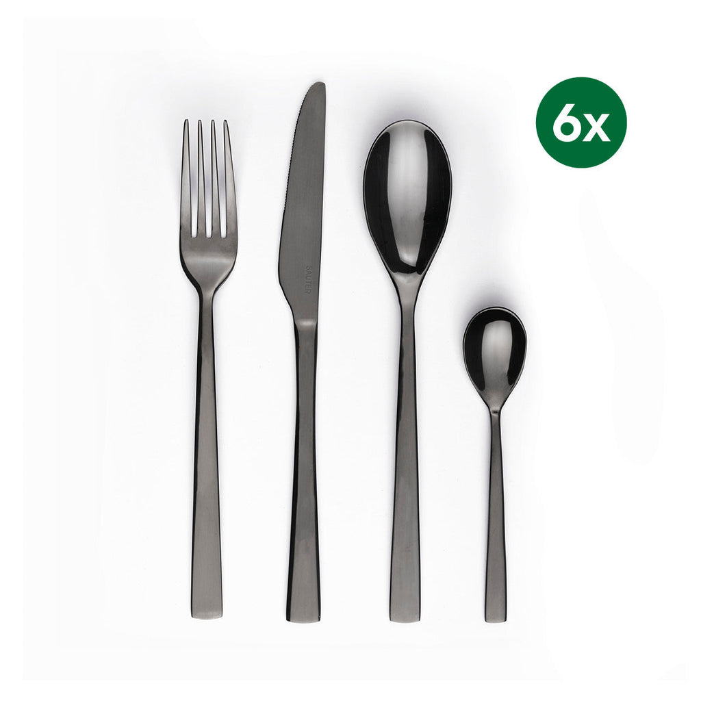 Cutlery box 24 pcs for 6 people in shiny black: 6 dinner knives, 6 forks, 6 spoons and 6 tea spoons - Black mirror