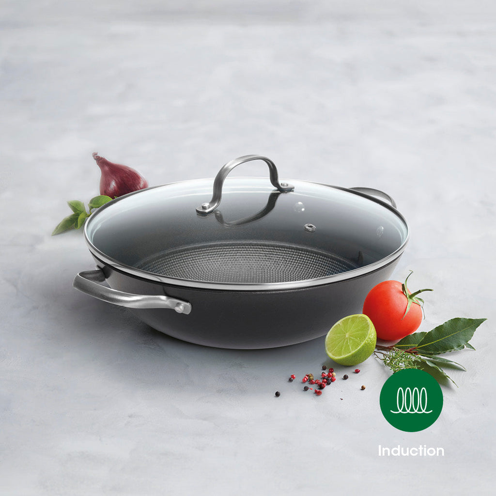 Enameled cast iron wok pan with lid 30cm - Black