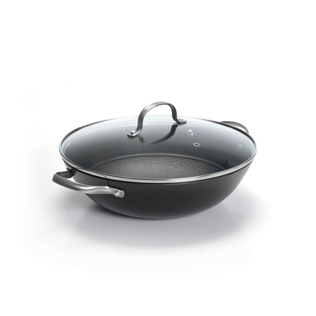 Enameled cast iron wok pan with lid 30cm - Black