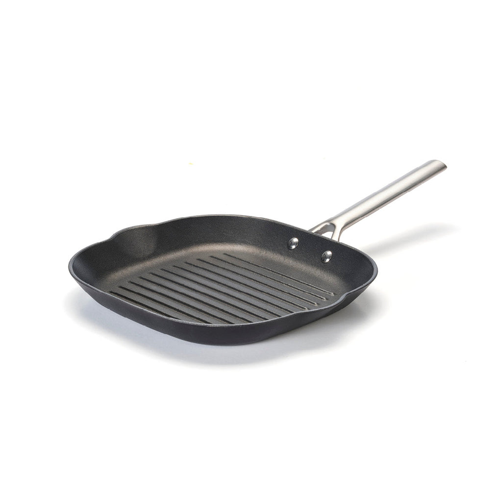 Poêle gril en fonte structure nid d'abeille avec poignée en inox 28 cm en noir - VipShopBoutic