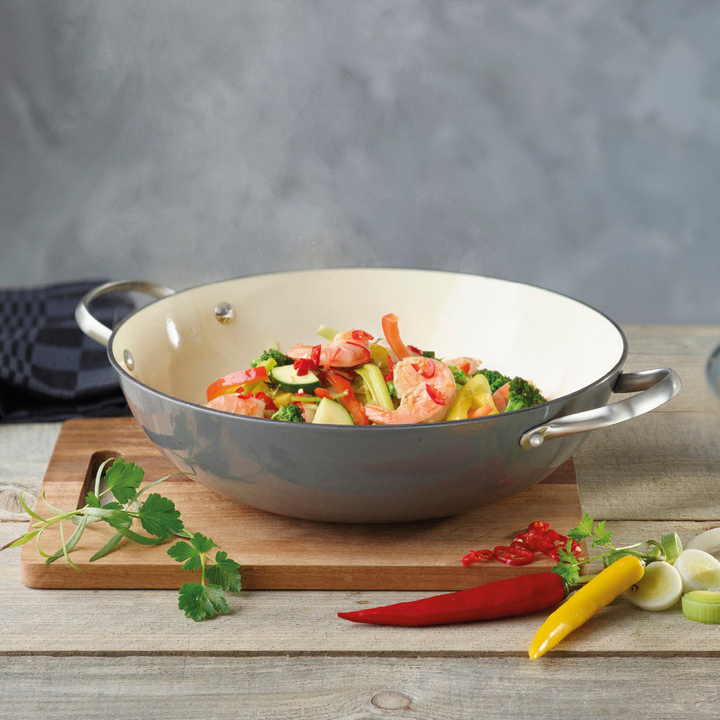 Enameled cast iron wok pan with lid 30 cm - Dark grey