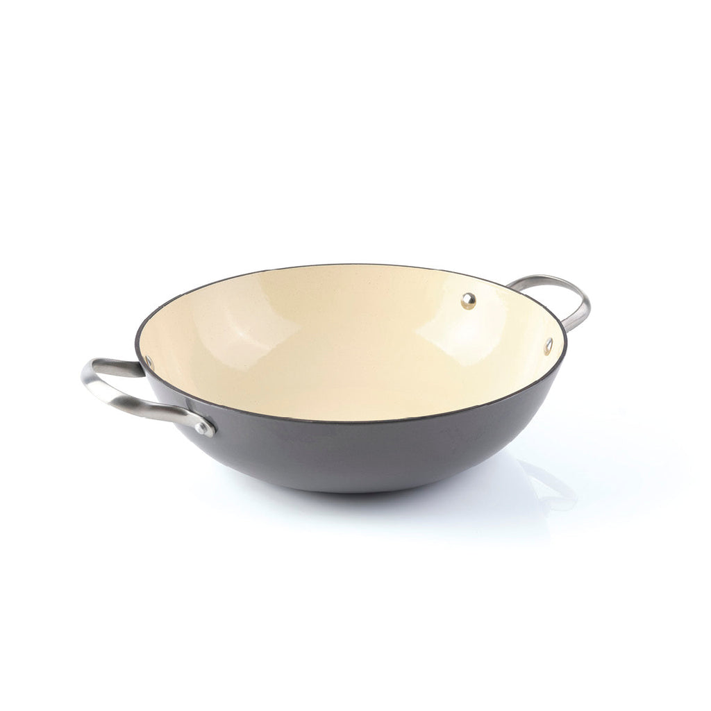 Enameled cast iron wok pan with lid 30 cm - Dark grey